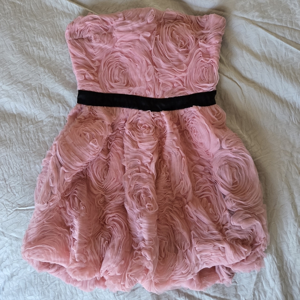 Zara Pink Rosette Mini Bubble Dress with Black Waistband